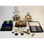 A selection of assorted tableware and accessories, to include a silver plated cut glass cruet set