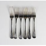 Six George III silver forks by Thomas Wallis II, London 1803-6, each of plain polished form with