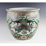 A Chinese porcelain famille verte fish bowl/jardinière, late 19th century, of typical form and