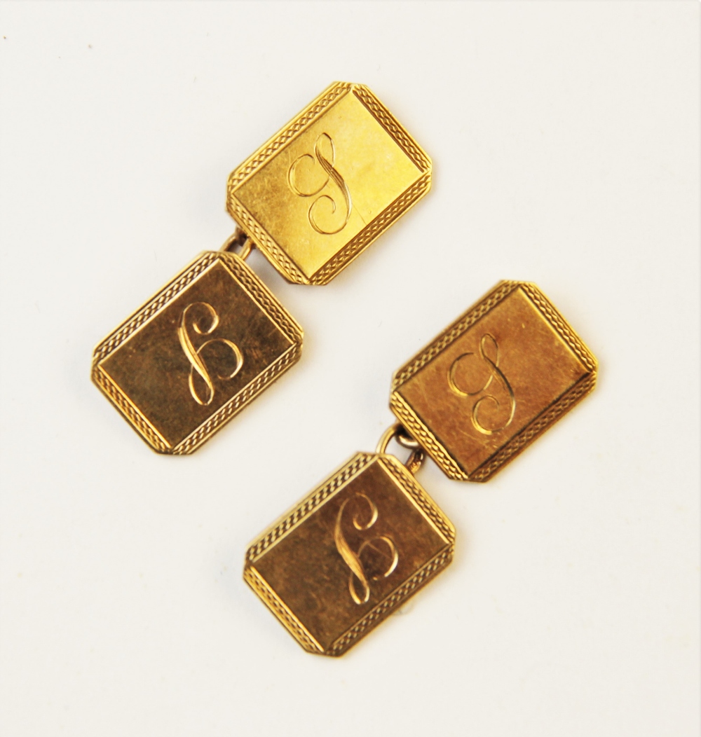 A pair of 9ct gold cufflinks, each of rectangular form with truncated corners, engine turned - Image 3 of 3