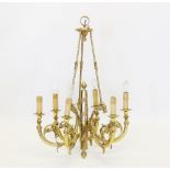 A French style ormolu six branch chandelier, 20th century, the three rope twist effect supports