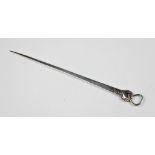 A George III silver meat skewer, London 1775, of typical form with ring loop and scrolling foliate