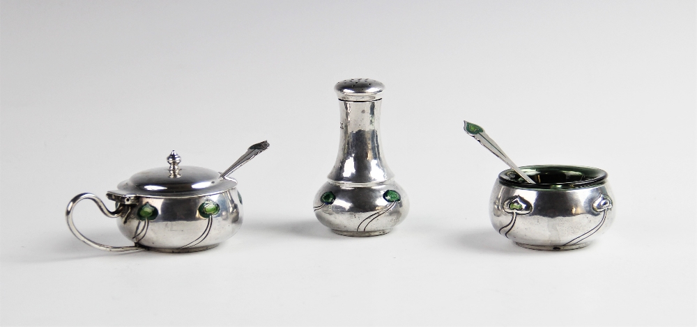 An Arts & Crafts silver and enamel part condiment set by George Lawrence Connell, London 1903,