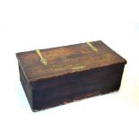 A 19th century stained pine carriage box with associated pierced brass hinges, opening to a vacant