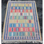 A Kilim type rug, with repeating lines of five geometric gulls on multi coloured bands, 188cm x