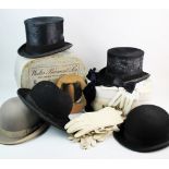 A selection of gentleman's hats, to include; an Andre & Co Hatters grey bowler with original