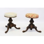 A pair of Victorian walnut adjustable piano stools, each with a circular revolving upholstered