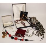 A selection of vintage and modern costume jewellery, to include a silver and cultured pearl set