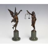 A pair of bronze figures, to include lady Justice and probably Nike, signed ?Eirhberg?, each