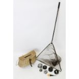 A collection of angling items to include a split cane two-piece rod,