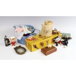 A selection of doll's clothing, toys and vintage ephemera, to include a Pelham cat puppet, a roll of