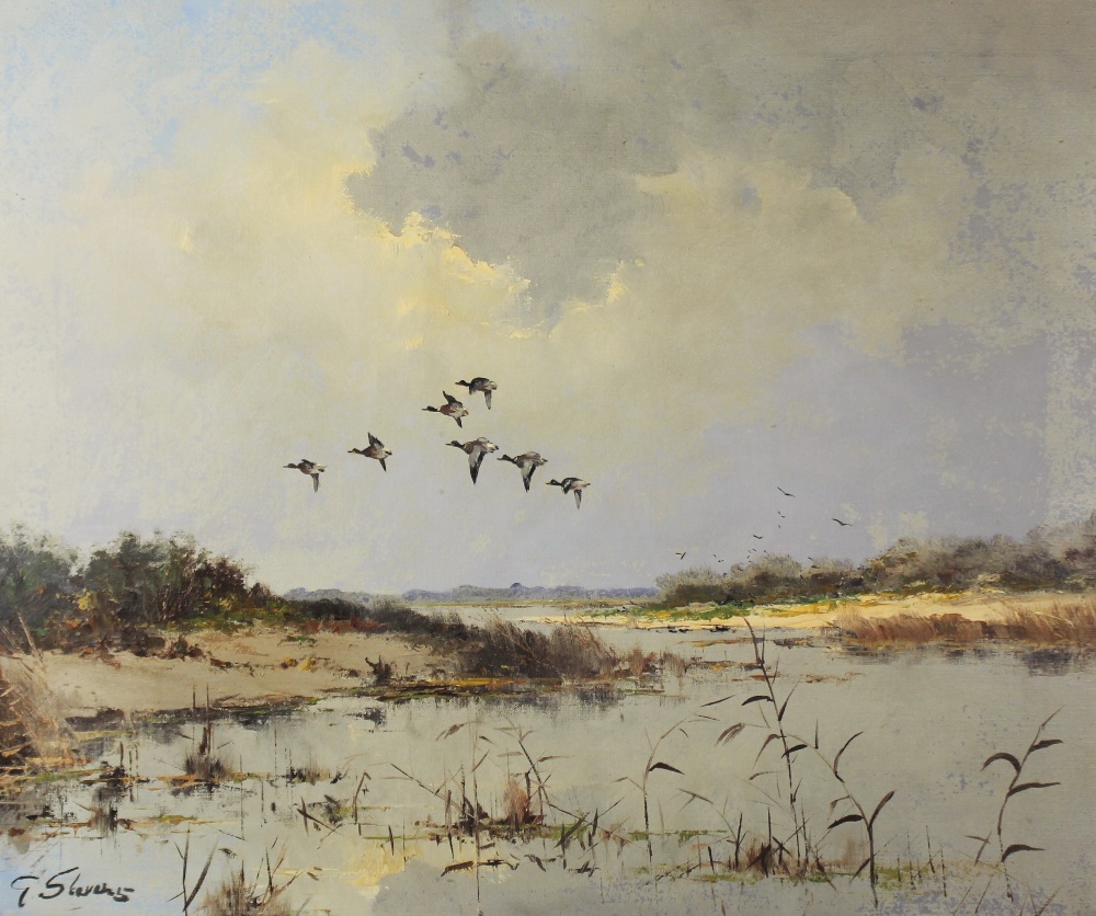 G. Stevens (British, 20th century), Oil on canvas, Mallards ascending from a lake, Signed lower - Image 2 of 3