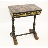 A William IV Canton lacquer chinoiserie sewing table, applied with gilt decoration depicting figures