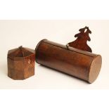 A George III yew wood tea caddy, of octagonal form, the hinged segmented cover opening to an