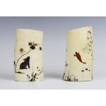 A pair of Japanese shibayama ivory brush pots/bitongs, Meiji period (1868-1912), each tusk shape pot