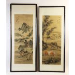 Chinese school (20th century), Two watercolour on silk panels, Depicting two horses grazing and an