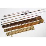 Five assorted fishing rods, comprising; an Ogden-Smith four-piece split cane rod, a Reliance
