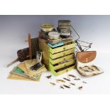 An assorted collection of vintage fly fishing flies and fly tying equipment, lead weights, to