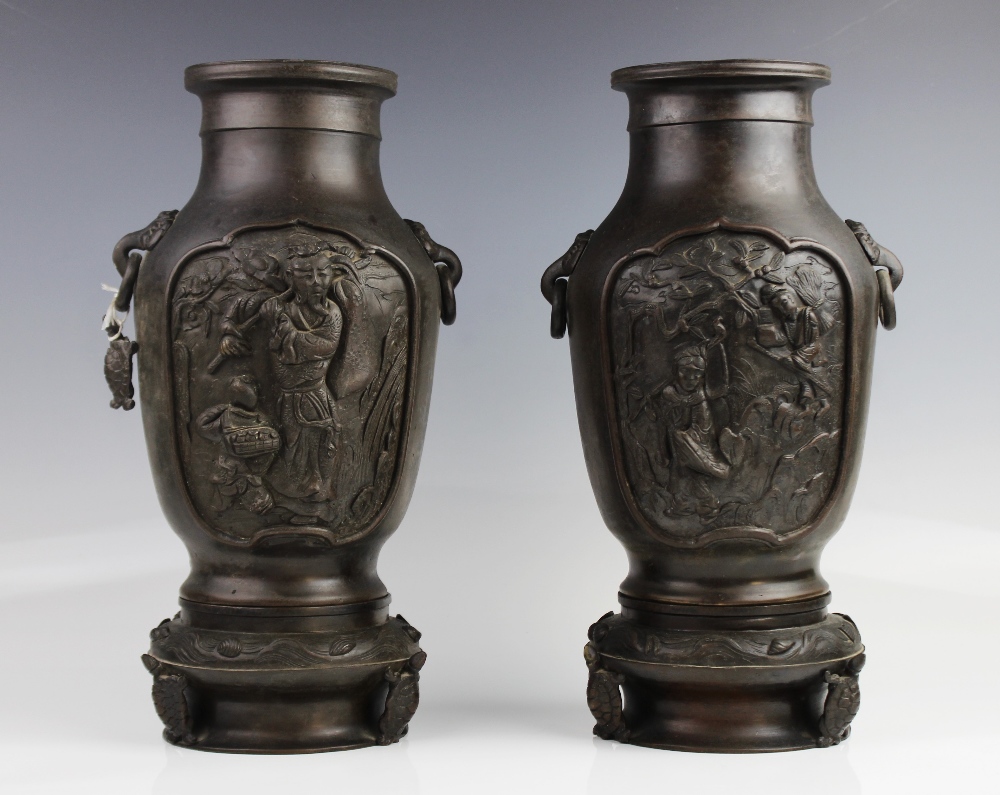 A pair of Japanese bronze vases, late 19th century, each baluster shaped vase modelled upon a - Image 2 of 3