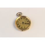 A Continental 14ct gold fob watch, the gold toned dial with engraved decoration and black Roman