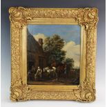 Dutch school (18th century), Figures and horses outside an inn, Unsigned, 32cm x 28cm, Gilt framed