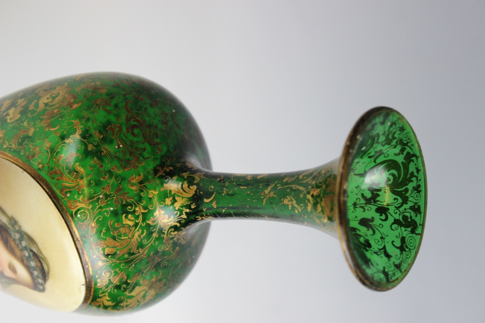 A Bohemian green glass portrait vase, 19th century, of slender inverted baluster form with - Image 2 of 2