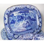 An Adams blue and white pearlware meat plate, 19th century, transfer printed with lions in a