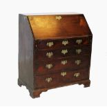 A mid George III mahogany bureau, the cross banded fall front opening to a waterfall interior