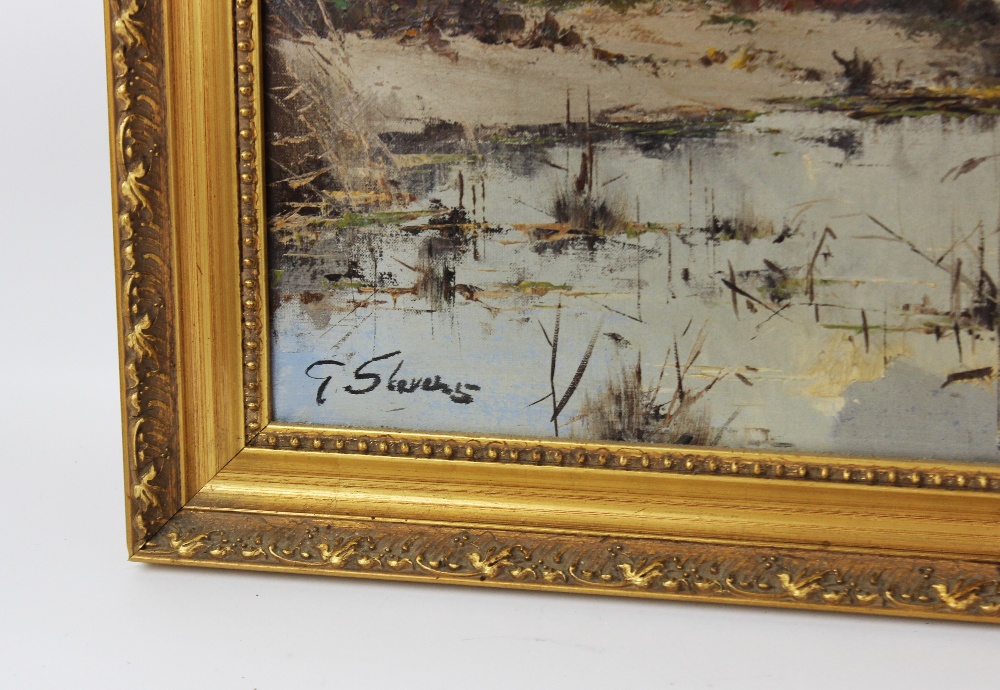 G. Stevens (British, 20th century), Oil on canvas, Mallards ascending from a lake, Signed lower - Image 3 of 3