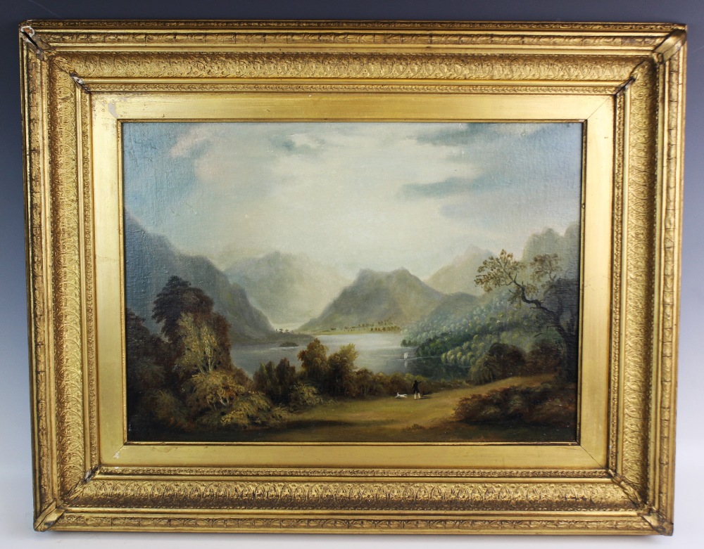 English school (19th century), Oil on canvas, Mountainous landscape with man and dog by a lake,