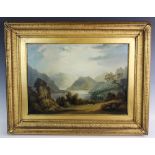 English school (19th century), Oil on canvas, Mountainous landscape with man and dog by a lake,