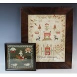 A Victorian needlework sampler, mid 19th century, worked by Margaret Jones and dated 1844, depicting