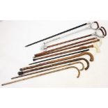 Eleven assorted walking sticks and canes, to include an Edwardian ebonised cane with an ivory