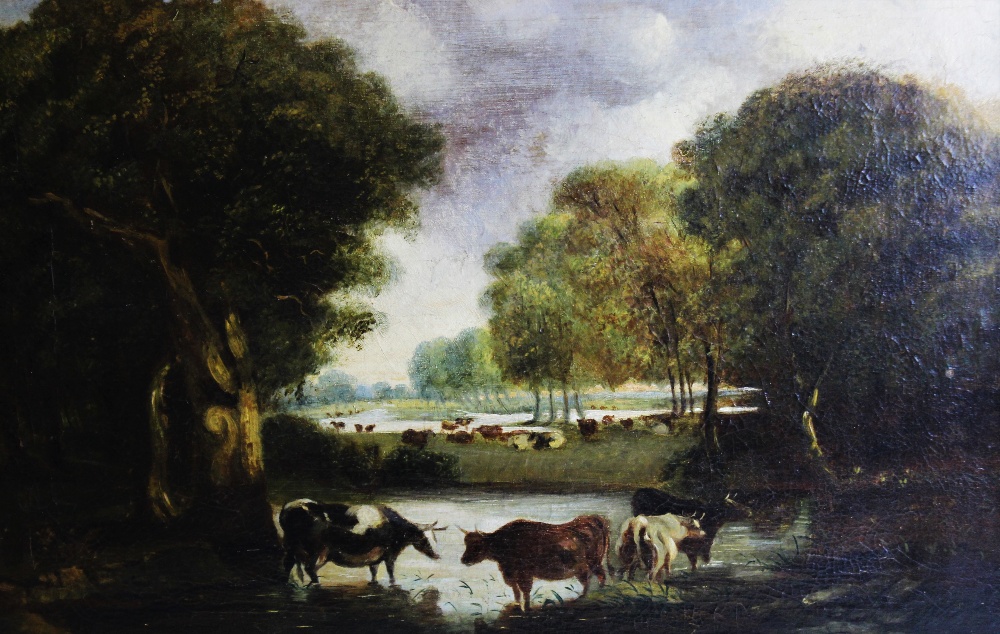 English school (19th century), Oil on canvas, Cows by a river in a rural landscape, Unsigned, 37cm x - Image 2 of 2