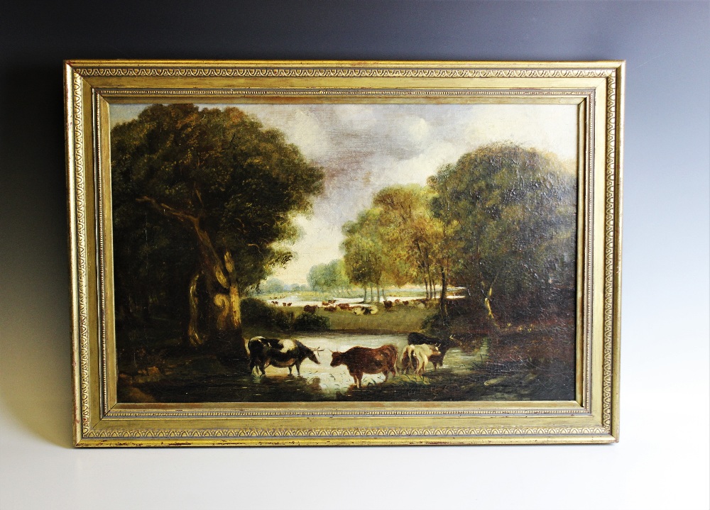 English school (19th century), Oil on canvas, Cows by a river in a rural landscape, Unsigned, 37cm x