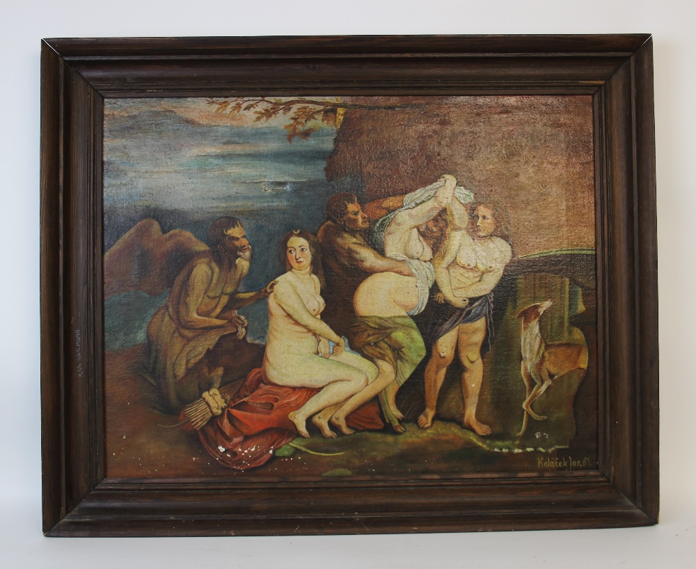 Josef Kolá?ek (Czechoslovakian), Oil on canvas, An adaption of the rape of Europa, Signed and - Image 2 of 3