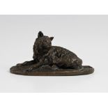 After Pierre Jules Mene (1810-1879), a patinated bronze model of a fox, modelled recumbent with head