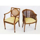 A Louis XV style stained beech wood bergere tub chair, mid 20th century, the down swept top rail