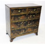 A 19th century and later noire chinoiserie chest of drawers, the top, sides and front adorned with
