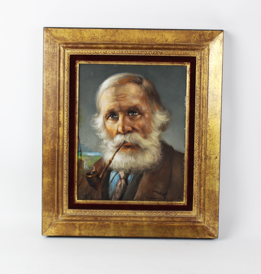 Oil on board (20th century), Portrait of a bearded man with pipe, Indistinctly signed lower right,