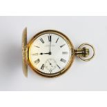 A Waltham 14ct gold full hunter pocket watch, the round white dial with Roman numerals and