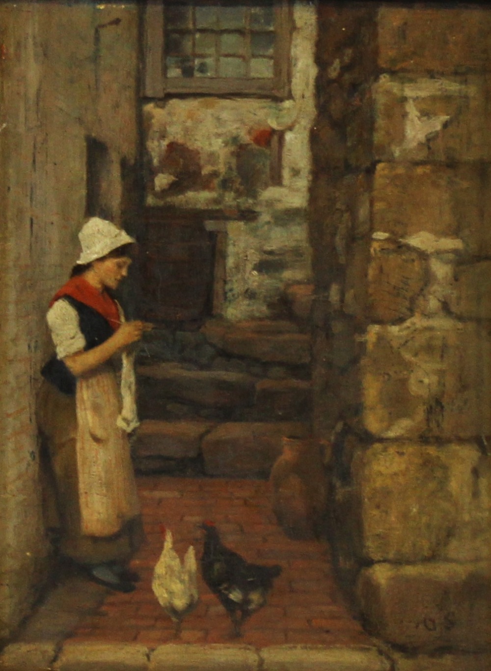 English school (19th century), Oil on panel, Girl knitting with chickens at her feet, Initialled ' - Image 2 of 3