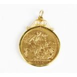 A Victorian gold sovereign, dated 1876, set to a 9ct gold pendant mount, weight 9.2gms