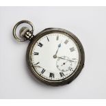A George V silver open face pocket watch, the round white enamel dial with black Roman numerals