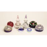 A collection of Perthshire and Millefiori paperweights to include two paperweight inkwells each with