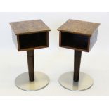 A pair of 1970's retro bedside/lamp tables, the square burr veneered tops above a rectangular vacant