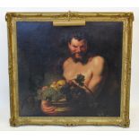 After Peter Paul Rubens (1577-1640) Oil on canvas, Satyr with fruit basket, 89cm x 95cm, Gilt framed