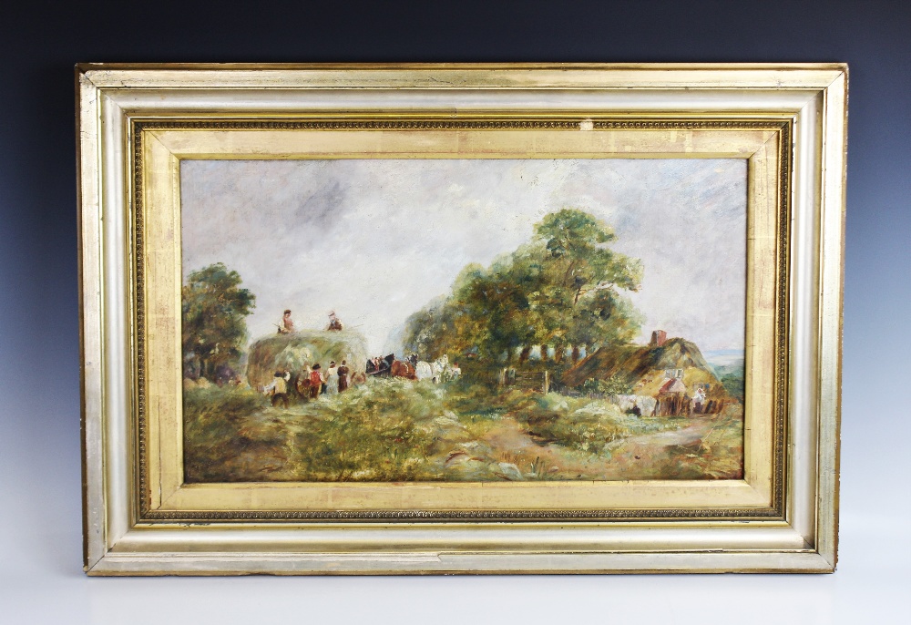 English school (19th century), Oil on canvas, A hay cart by a country cottage, Unsigned, 34cm x