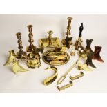 A collection of 19th century and later brass and copper wares to include a collection of novelty