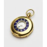 A Continental 18ct gold half hunter fob watch, the round white enamel dial with Roman numerals,
